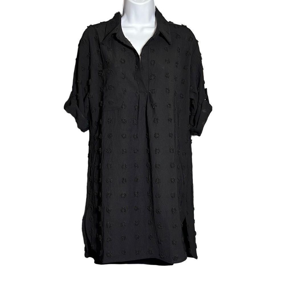B Women's Polka Dot Mini Dress Tunic Roll Tab Sleeve Collared Black Size Medium